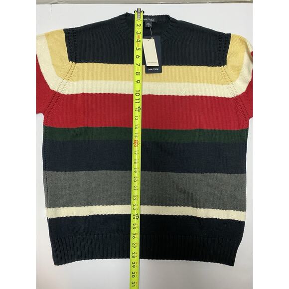 Nautica Men’s Size Large Red Yellow Navy Green Wide Striped Pullover Sweater NWT - Picture 5 of 6